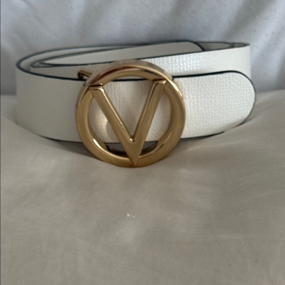 Valentino White Belt with Gold V Buckle